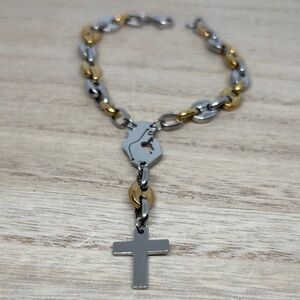 Two-Tone Stainless Steel Men’s Cross Bracelet - Silver & Gold